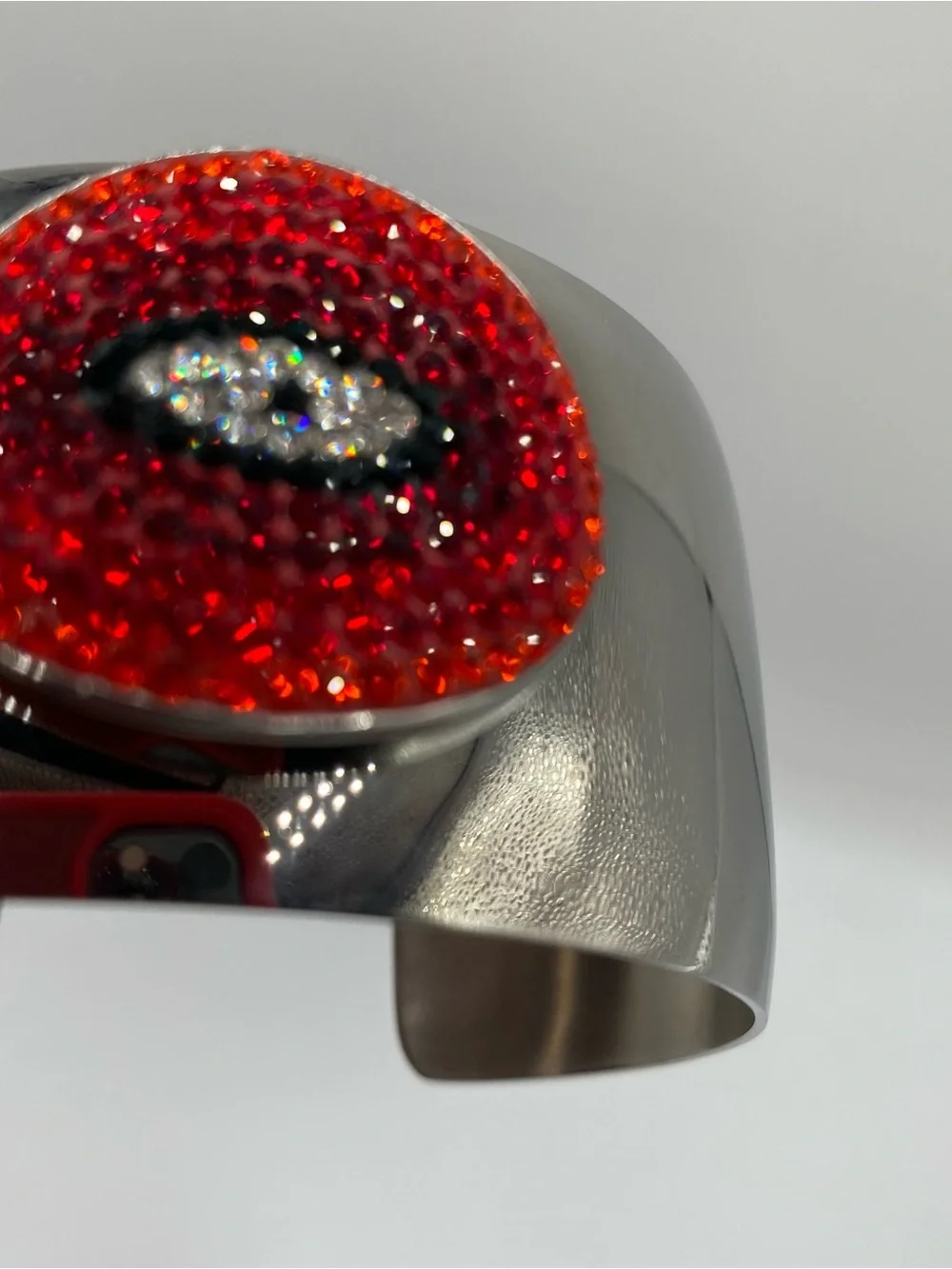 Silver tone Cuff Bracelet with Eclectic Red Crystal Oval Accent
